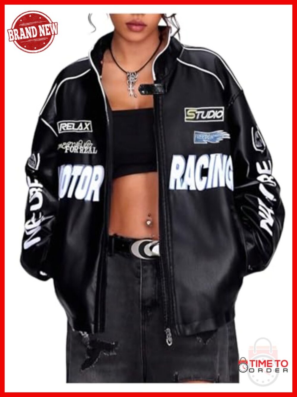 Faux Leather Motorcycle Jacket Y2k Racing Graphic Bomber Coat Streetwear